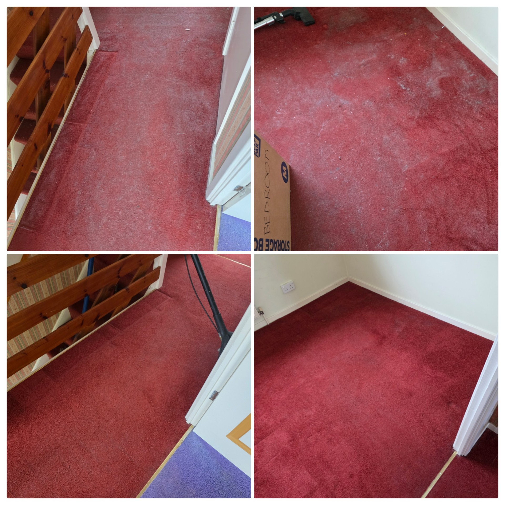 Red carpet professionally cleaned with deep stains fully removed