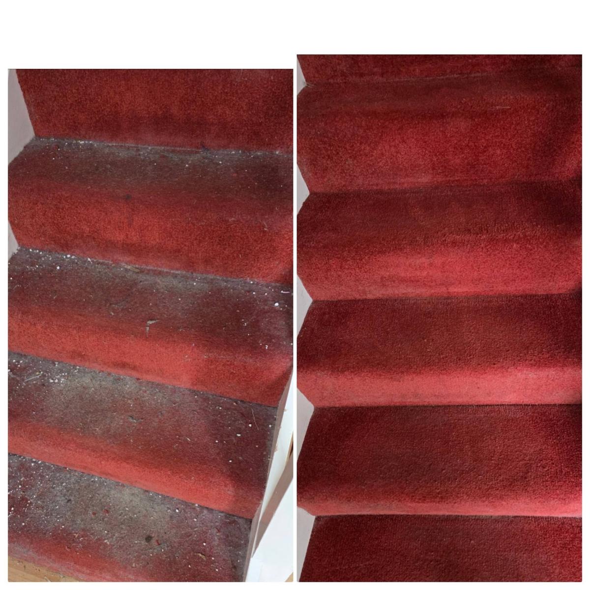 Red stair carpet before and after professional deep stain removal