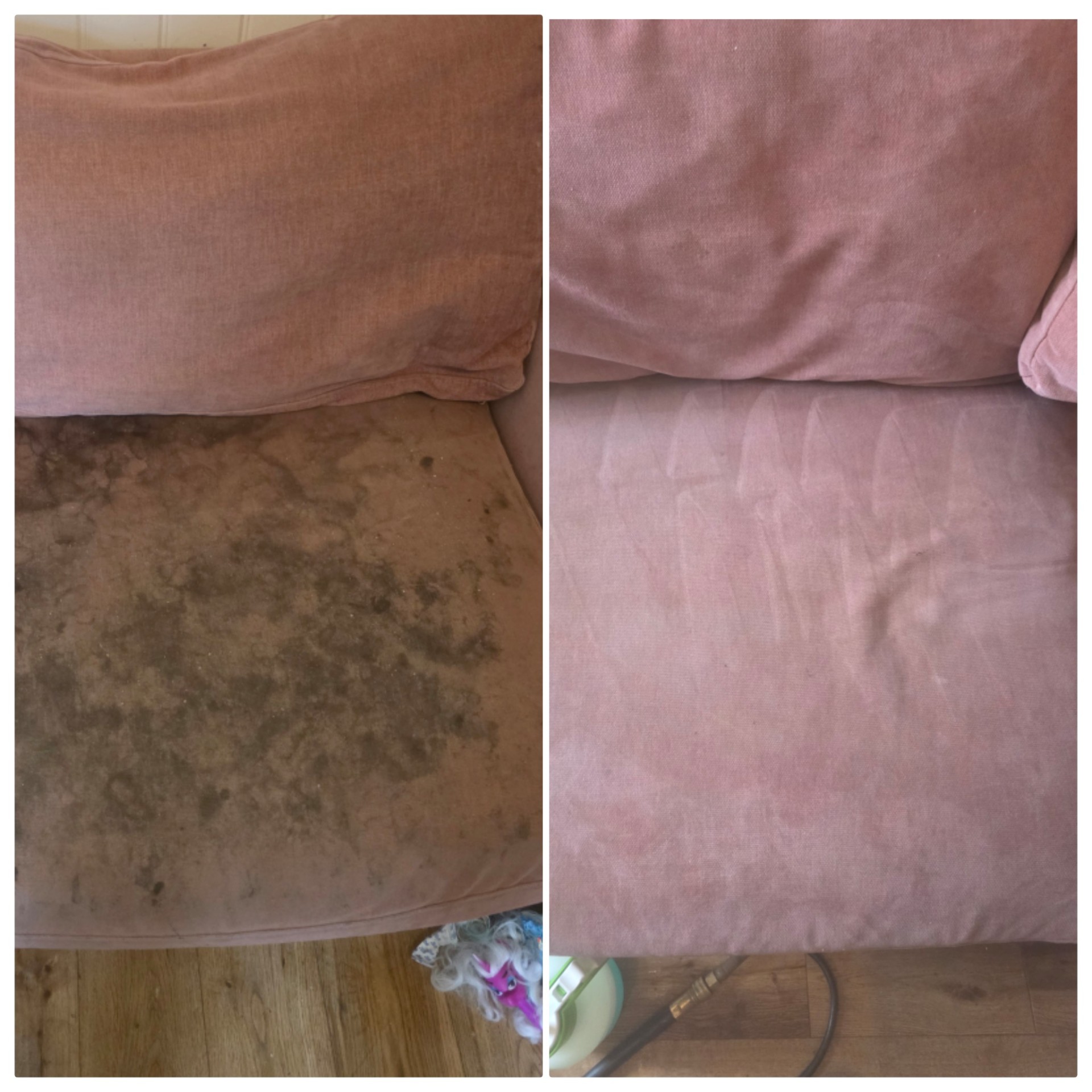 Pink sofa before and after deep cleaning showing dramatic stain removal