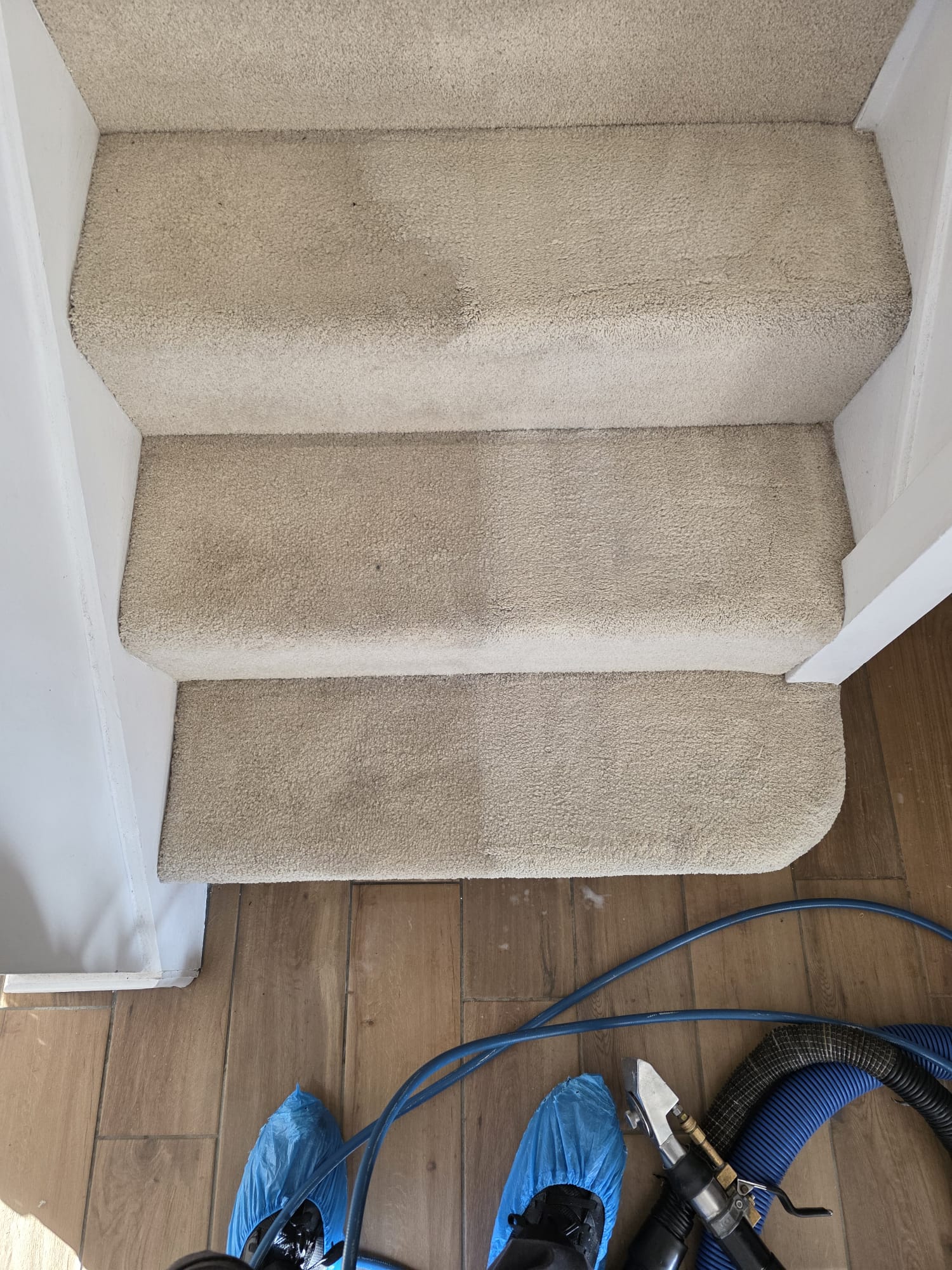 Stained cream carpet stairs before professional cleaning with equipment ready